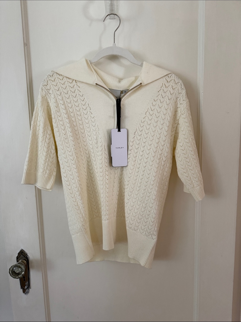 Varley Cream Open-Knit Half-Zip Sweater Anthropologie